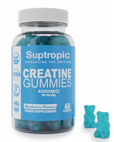 Suptropic | Premium 4000mg, 60 Creatine Monohydrate Gummies, Men & Women - Chewable Creatine Gummies (30+ Days) - Natural Blueberry Flavoured Creatine, Pre Workout Gym Supplement, Suitable for Vegans