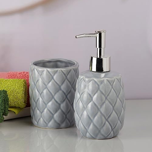 Image of Kookee Ceramic Bathroom Accessories Set - 2 Piece Bath Kit with Ceramic Soap Dispenser & Toothbrush Holder | Modern Bathroom Decor for Home & Guest Bathrooms, Grey (9604)
