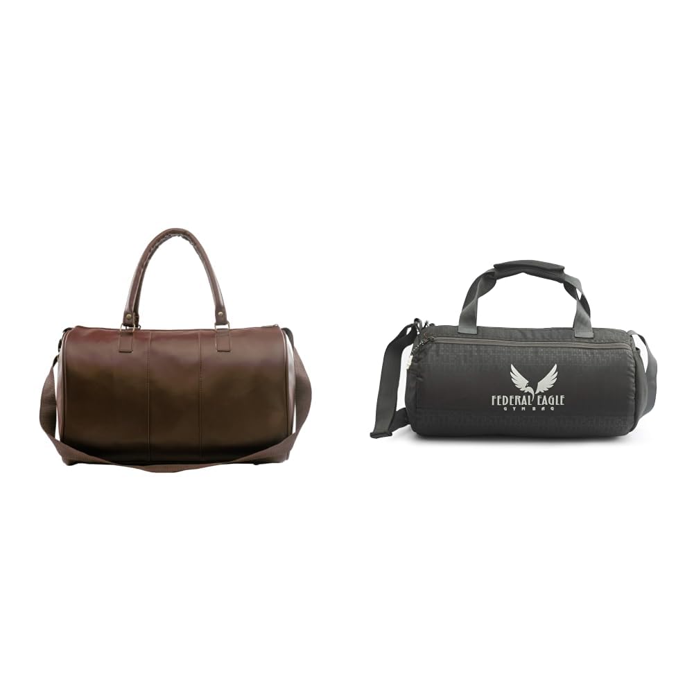 Leatherette Duffle Bag with Shoe Pocket - Stylish & Spacious Weekender for Men - Tan + Sports Duffle/Travel Bag Classic Polyester Round-Shaped Large Capacity 20L Gym Bag with-image-30