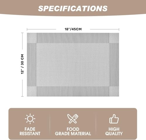 Image of Placemats Set of 6 Dining Table Place Mats | Placemats Table Mat PVC Material | Non-Slip Heat Resistant | Dining Tablemates Washable Anti-Skid | Size 45 x 30cm (Square Grey)