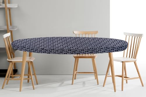 Image of The Furnishing Tree Elastic Oval Dining Table Cover WxL 42x72 in Inches Polyester Leaf Pattern Blue