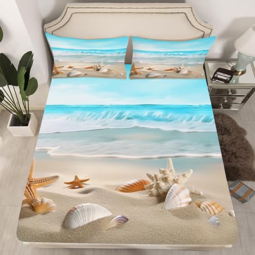 Fuyeun Beach Bed Sheets Set Twin Fitted Sheets Coastal Nature Theme Pattern Teal Flat Sheet Boys Girls Hawaiian Top Sheet Starfish Sheet Set 1 Pillowcase thumb #6