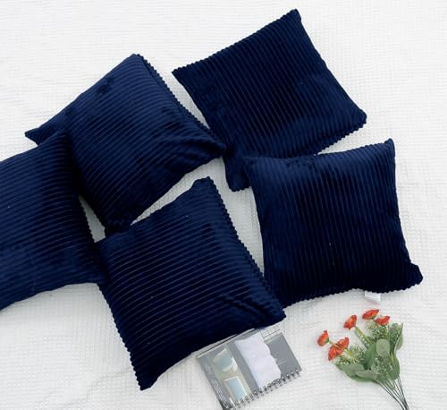 Image of RD TREND Cushion Cover Set of 5, Decorative Sofa Living Room Home Square Cushion Covers 16 Inch x 16 Inch, Aesthetic Corduroy Striped Double Sided (Navy Blue,Pack of 5)