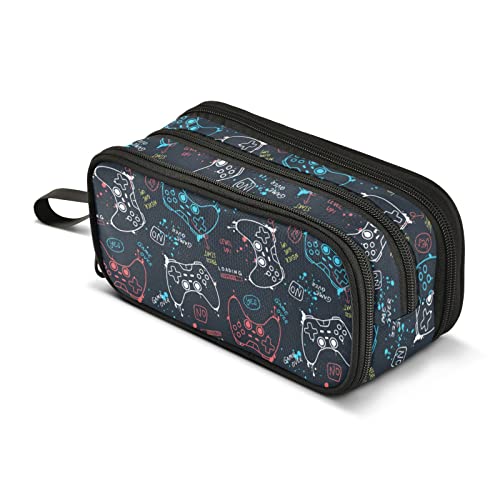 Image of Pencil Case Big Capacity Gaming Gamepad Pattern Handheld 3 Compartments Pencil Pouch Portable Large Storage Canvas Pencil Bag for Boys Girls Adults Students