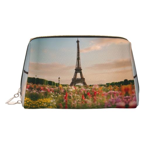 Beautiful Eiffel Tower Paris Print Leather Cosmetic Pouch, Leather Makeup Bag for Purse with Top Zip Closure Stylish Toiletry Bag
