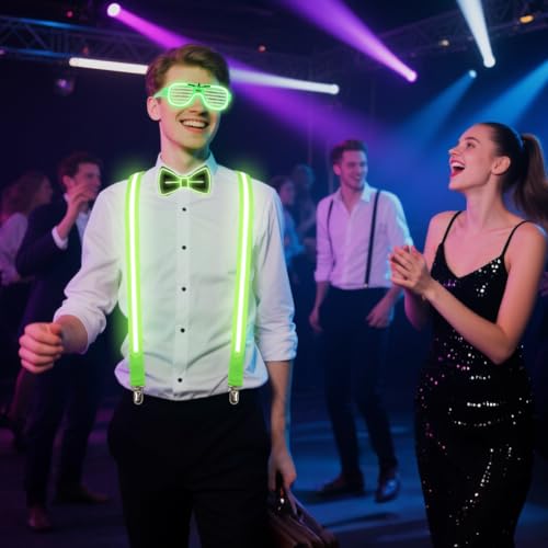 Miniatura 7 de Alaoo Gafas Led Luminosas,3 Pcs Luminosa Pajarita,Tirantes Luminosos Con 3 Modos De Flash Para Carnavales, Festivales De Música, Festividades, Bodas, Halloween Y Despedidas De Soltera,Verde