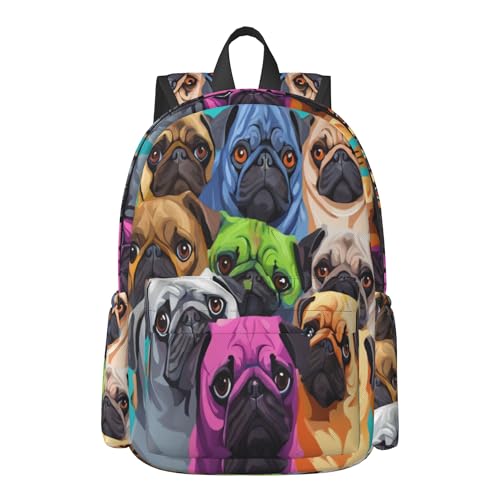 16 inch backpack Cartoonn Colorful Pug Dogs Laptop Backpack Full Print School Bookbag Shoulder Bag for Travel Daypack