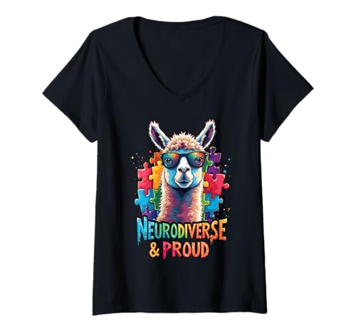 Womens Neurodiversity Llama Autism Awareness Month V-Neck T-Shirt