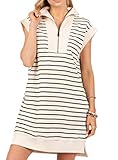 CHARTOU Women Striped Half Zip Pullover Polo Sweatshirt Dress Turtleneck Sleeveless Summer Mini Dress Collar Tunic Dress (Large,Beige)