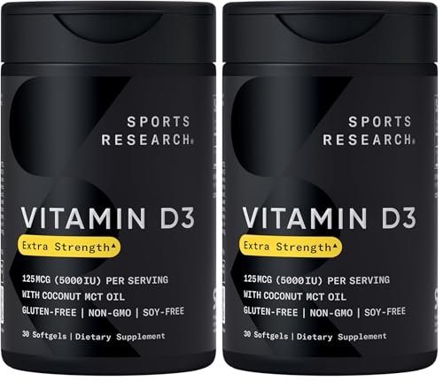 Image of Sports Research Vitamin D3 5000 IU with Coconut MCT Oil - Extra Strength Vitamin D Supplement - Non-GMO Verified, Gluten & Soy Free - 125mcg, 30 Liquid Softgels (Pack of 2)