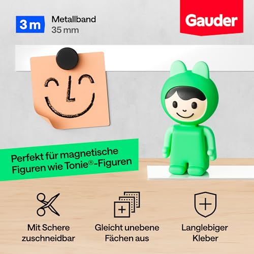GAUDER Metallband selbstklebend - Ideal für Tonie®-Figuren & -Regale - Magnetband für Magnete - Ferroband mit Schaumstoff-Kleber - Stahlband und Eisenband (3 m x 35 mm)