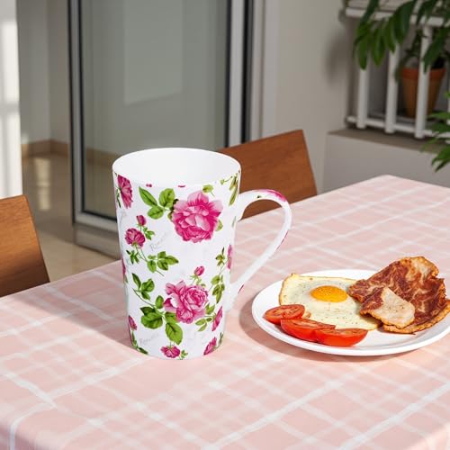 Taza alta de café Bone China floral 14 oz blanca-rosada miniatura 4