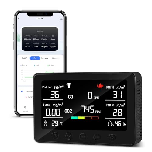 CF-30 Smart WiFi Air Quality Monitor, 15-in-1 Indoor IAQ Monitor with CO2, PM2.5, PM1.0, Pollen, TVOC & Carbon Monoxide, App Data Logger, Adjustable Alarm & Backlight for Home Office Bedroom