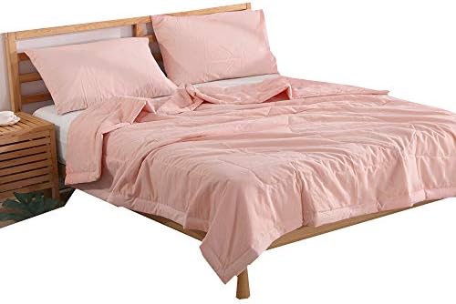 NTCOCO 3 Piece Comforter Set Thin Quilt Summer Lightweight Comforter,100% Washed Cotton,Machine Washable,Soft Comfy Breathable Can Sleep Naked (Pink, Queen)
