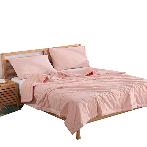 Ntcoco 3 Piece Comforter Set Thin Quilt Summer Lightweight Comforter,100% Washed Cotton,Machine Washable,Soft Comfy Breathable Can Sleep Naked (Pink, Queen) #TOP4