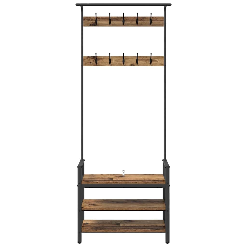 Wieszak garderobiany z 3 półkami, wieszak na ubrania z materiału drewnopochodnego i ramy stalowej, szafa garderobiana do przedpokoju i wejścia, 75 x 34 x 184 cm