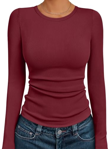 AUTOMET Womens Long Sleeve Shirts Tops Blouses Fall Fashion Ribbed Knit Casual Tshirts Trendy Cute Workout Clothes Wine Red L