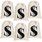 Sunnymove 6 Pcs Large 11.8 x 15.7 Inches Money Bag Prop Canvas Drawstring Money Bag Dollar Sign Carrying Sack for Bank Robber Pirate Cowboy Cosplay Theme Halloween Party Favors(White)