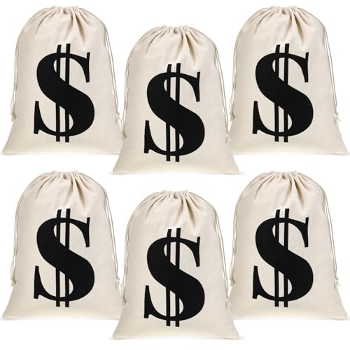 Sunnymove 6 Pcs Large 11.8 x 15.7 Inches Money Bag Prop Canvas Drawstring Money Bag Dollar Sign