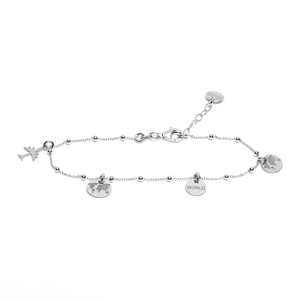 WearTravelers Bracciale con Ciondoli tema Viaggio in Argento 925 con Valigia, Mondo e Aereo - Idea Regalo per Donna Viaggiatrice - Prodotto Made in Italy - Modello Mumbai (Argento - AR