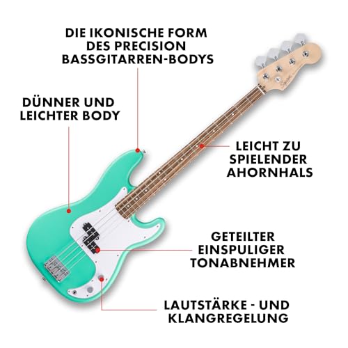 Squier by Fender Debut Collection Precision Bass, Laurel-Griffbrett, Weißes Schlagbrett, Seafoam Green
