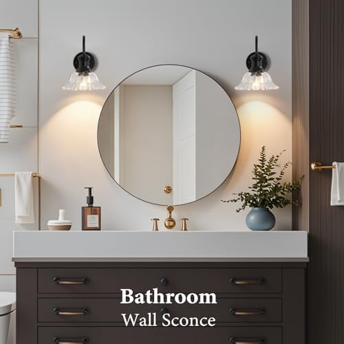 Image of Bathroom Vanity Lights 2 Pack, Black Wall Sconce with Pressed Patterned Glass Lampshade, Farmhouse Wall Light Fixtures for Bathroom, Bedroom, Living Room, Entryway