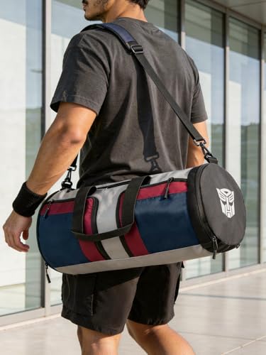Image of The Souled Store Optimus Prime: Collapsible Duffle Bag Duffle Bags | 25L Heavy-Duty Gym & Sports Bag for Men & Women | Foldable Travel Carry-On with Shaker Holder & Shoe Compartment - Blue & Red