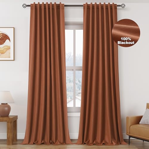 Image of Terracotta 100% Blackout Linen Curtains for Bedroom 90 Inches Long Back Tab Thermal Insulated Boho Farmhouse Decor Black Out Curtain for Living Room Dining Room Neutral Drapes 52x90, 2 Panels