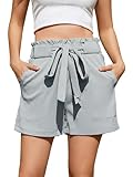 Pantalones Cortos Mujer Shorts Paperbag con Lazo y Tiro Alto Bermudas Verano Elegantes con Bolsillos Cintura Alta para Playa y Vacaciones (Gris,S)