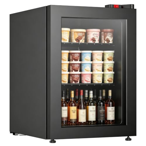 Image of Compact Mini Freezer with LED Light 3-Layer Glass Display Door 2.1 Cu Ft with 2 Removable Shelves Quiet Upright Freezer 7 Temperature Settings Perfect for Liquor and Ice Cream