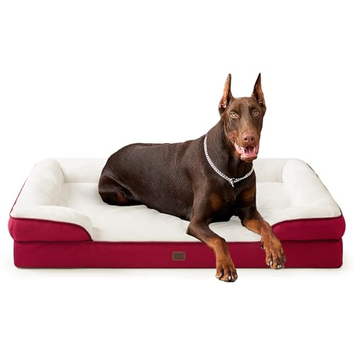 Image of EHEYCIGA Orthopedic XL Dog Beds, Waterproof Memory Foam Dog Bed for Extra Large Dogs, Non-Slip Bottom and Egg-Crate Foam Big Pet Couch Bed with Washable Removable Cover,Red