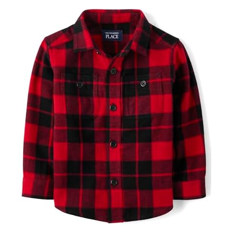 The Children's Place Baby Boys' and Toddler Long Sleeve Flannel Button Up Shirt, Red Buffalo Plaid, 4T Cover