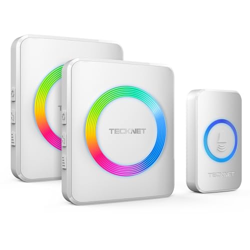 TECKNET Wireless Doorbell with 2 Receivers, 1300ft Long Range IP65 Waterproof Door Bells Wireless Cordless, 120dB Loud Plug-in DoorBell with 5 Volume Levels, 60 Chimes & RGB Light, Ideal for Home
