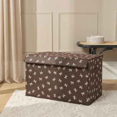 Image of OHS Bow Print Collapsible Storage Box with Lid Fabric Storage Basket, Brown