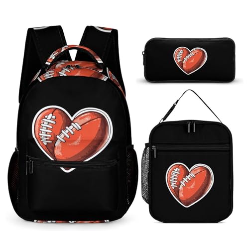Rugby Footballer Heart Shape Football Cute Backpacks Set Lightweight Lunch Bag Aesthetic Pencil Cases for Travel Work