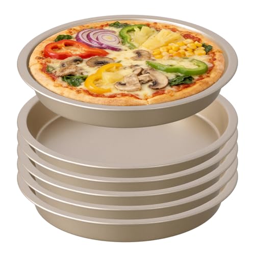 JEUIHAU 6 Piece Non-Stick Pizza Baking Tray Set, 6-Inch Round Durable Carbon Steel Deep Dish Oven Pans for Home Cooking (Gold)