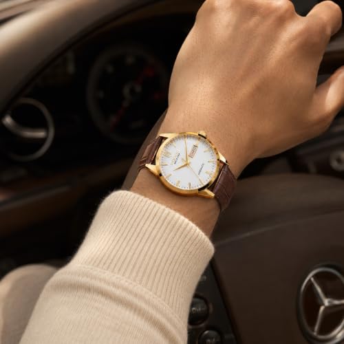 Image of ROCOSJEWE Men's Automatic Watch, Luxury Mechanical Watch for Men with Gold Case & Brown Leather Strap, 40mm Business Dress Watch with Day Date Display, Waterproof Analog Wristwatch