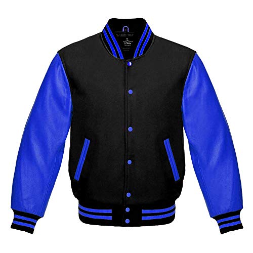 Varsity Jacket Baseball Letterman Bomber School Collage Premium Wool & Royal Blue Genuine leather sleeves