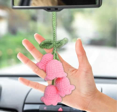 Image of VRB Dec 1 Pcs Crochet Flower for car Dashboard Decoration Items,Car Hanging Crochet Flower,Sunflower Decoration for Car,Car Mirror Hanging Accessories, (Hanging Tulip Pink Crochet - 1 Pcs)