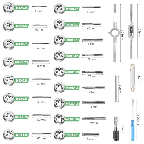 Faankiton Tap and Die Set, M3-M12 Tungsten Alloy Steel Metric Tap and Die Kit, Taper Drill Threading Kit with Tap Wrench - Image 2