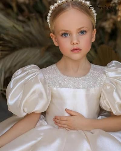 Satin Pageant Dresses for Girls Long Puffy Tulle Flower Girl Dress for Wedding Toddler Princess Gowns with Bow FAY152