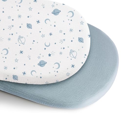 Konssy 2 Pack Muslin Bassinet Sheets for Boys, Girls, 100% Cotton Soft Breathable Fitted Bassinet Mattress Sheet, 32 x 16 inches (Star,Blue)