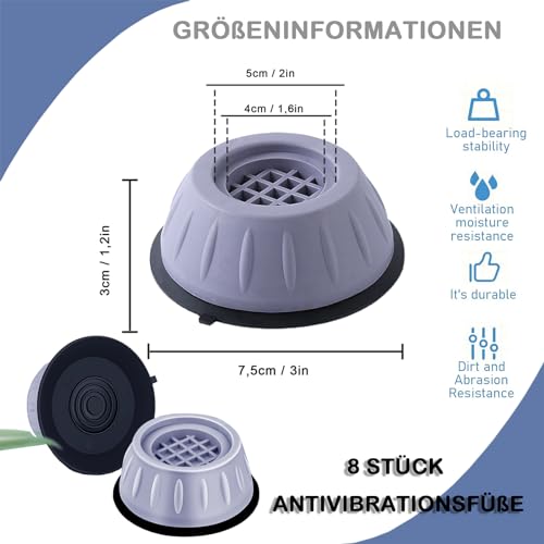 8 Stück Waschmaschine Füße Pad, Schwingungsdämpfer Fußpolster, Rutschfeste und Geräuschreduzierende Wird, Anti Rutsch Gummi Fußpolster für Trockner, Kühlschrank, Tische, Grau