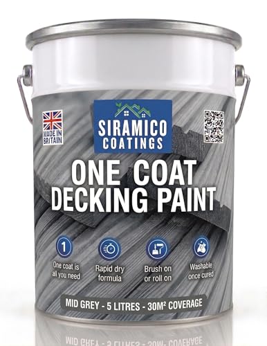 SIRAMICO COATINGS One Coat Anti-Slip Decking Paint | 5 Litres | 7 Luxury Colours I Mould & UV Resistant Formula | White - Grey - Sage Green - Black - Brick Red (Mid Grey)