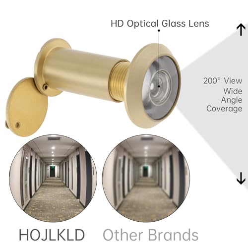 HOJLKLD Türspion, Türspion, massives Messing, 200 Grad Türspion mit 16 mm Bohrer, 1,6 cm Rohrdurchmesser Spion mit robuster Sichtschutzabdeckung für 3,5 cm bis 6,4 cm Türen (Gold)