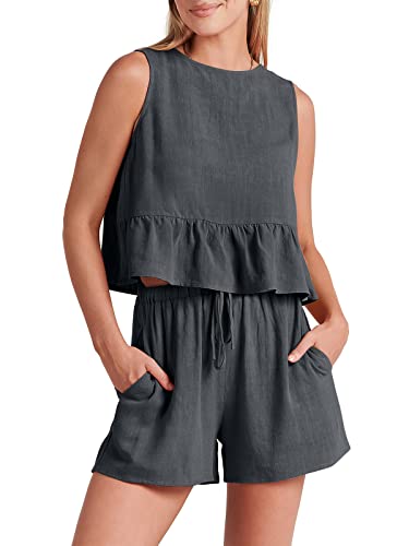 Anrabess Two Piece Outfits For Women Summer Clothes Set Linen Sleeveless Romper Short Matching Lounge Set Gym Workout Tracksuit 2023 Fashion Vacation Outfits 973Shenhui-L #TOP23