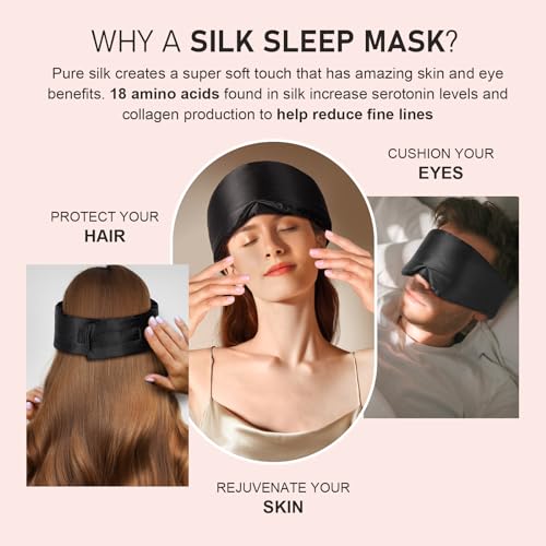 Image of LitBear Silk Sleep Mask for Side Sleeper, Eye Mask Sleeping for Women Men 100% 22 Momme Pure Mulberry Silk, Face-Hugging Padded Eye Cover for Sleeping with Adjustable Band (Black)