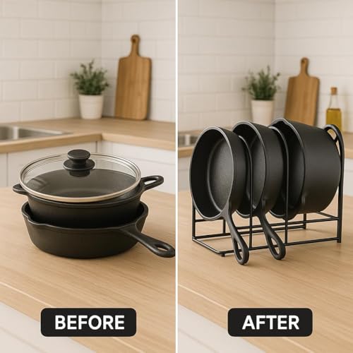 Image of Heavy Duty Dish Rack Organizer - 5 Tier Slot Cookware Holder, Space-Saving Black Iron Stand for Countertop, 10.5 inch L x 7.5 inch W x 12 inch H