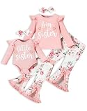 FAMIHAO Big Sister Little Sister Matching Outfits Rib Knit Ruffle Long Sleeve Romper Bell Bottoms Pant Sets Hat Headband Newborn Baby Girl Clothes 3Pcs,12-18M Pink