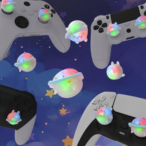 Image of PlayVital Cute Universal Illuminated LED Thumbstick Grips for ps5, for ps4, Joystick Caps for Xbox Series X /S, for Xbox One, Switch Pro Controllers, Joystick Protection - Planet & Sweet Bunny
